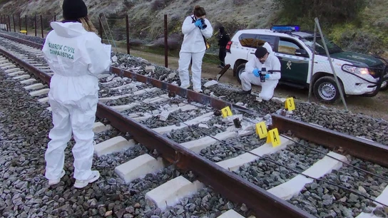 Técnicos de la CIAF examinan la vía de Adamuz donde se ha producido el accidente. Técnicos de la CIAF examinan la vía de Adamuz donde se ha producido el accidente.