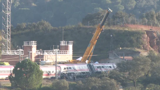 Una de las grúas endereza un vagón del tren Iryo. Una de las grúas endereza un vagón del tren Iryo.