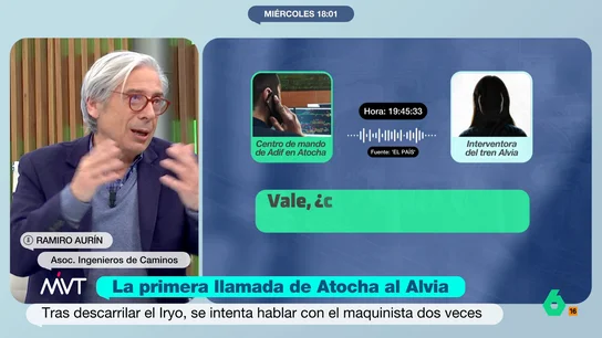 Ramiro Aurín, tras escuchar las llamadas entre Atocha y el tren Iryo: "Parece que no se cree que ha pasado nada grave" El ingeniero señala que de las llamadas se desprenden varios hechos "sorprendentes" como, por ejemplo, que desde el centro de mando de Atocha parecían no saber, en un primer momento, que el Iryo estaba parado.