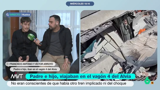 Víctor, pasajero del Alvia, asegura que no fue consciente del choque con el Iryo: "Creíamos que descarrilamos solos" Víctor Arroyo y su padre Francisco Antonio explican cómo vivieron en primera persona el accidente ferroviario en Adamuz, como pasajeros del cuarto vagón del Alvia. En este vídeo, cuentan cómo fueron los primeros caóticos momentos.