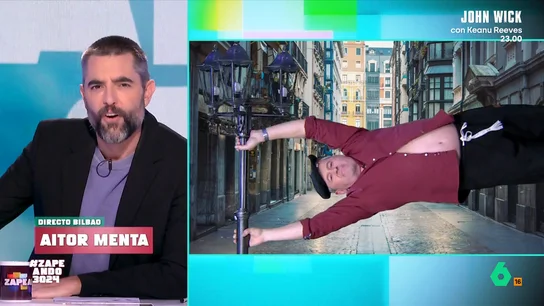 'Aitor Menta', corresponsal en Bilbao, comparte la última hora del temporal: "Aquí lo llamamos brisilla" Miki Nadal se convierte en el corresponsal en Bilbao de Zapeando para explicar cómo ha evolucionado el temporal que está asolando la ciudad. El fuerte viento ha provocado, entre otras cosas, que muchos aviones hayan sido desviados.