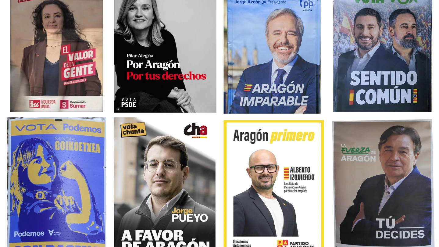 Carteles de los diferentes partidos políticos que se presentan este 8F a las elecciones en Aragón Carteles de los diferentes partidos políticos que se presentan este 8F a las elecciones en Aragón
