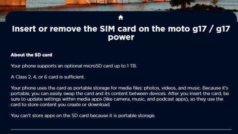 La página de soporte de los Moto G17