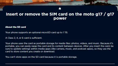 La página de soporte de los Moto G17 La página de soporte de los Moto G17