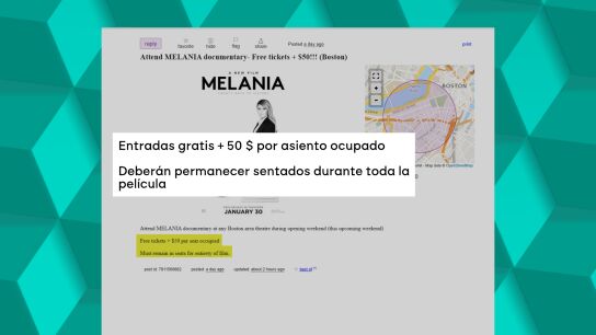 Grafismo que muestra un sospechoso anuncio en el que ofrecen 50 d&oacute;lares por ir a ver el documental de Melania Trump