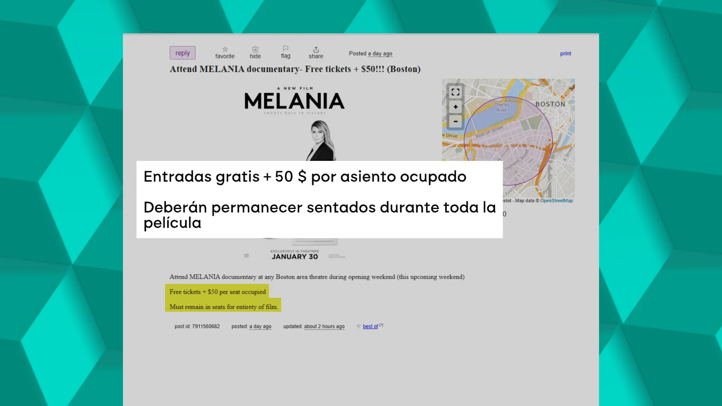 Grafismo que muestra un sospechoso anuncio en el que ofrecen 50 dólares por ir a ver el documental de Melania Trump Grafismo que muestra un sospechoso anuncio en el que ofrecen 50 dólares por ir a ver el documental de Melania Trump