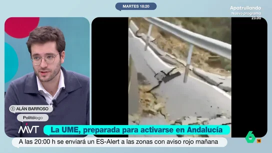 Alan Barroso, sobre el plan de emergencias en Andalucía: "Parece que tienen que ocurrir tragedias para que se actúe en consecuencia" "Cada vez que se actúa en consecuencia, todavía queda más claro que muchas de las muertes de la DANA no tendrían por qué haber ocurrido", afirma Alan Barroso al ver cómo la Junta de Andalucía "se está tomando en serio" las lluvias torrenciales.