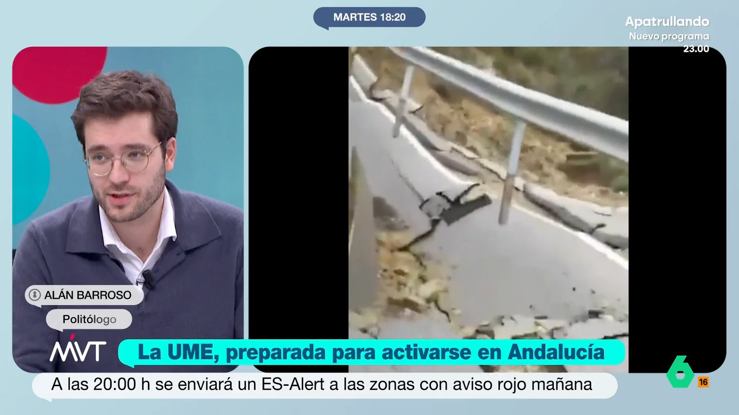 Alan Barroso, sobre el plan de emergencias en Andalucía: "Parece que tienen que ocurrir tragedias para que se actúe en consecuencia" "Cada vez que se actúa en consecuencia, todavía queda más claro que muchas de las muertes de la DANA no tendrían por qué haber ocurrido", afirma Alan Barroso al ver cómo la Junta de Andalucía "se está tomando en serio" las lluvias torrenciales.