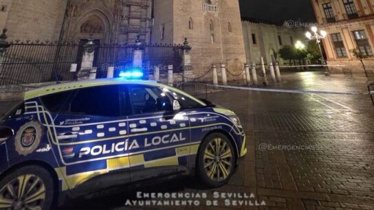 Zona acotada por la Polic&iacute;a Local de Sevilla por desprendimiento de elementos de la Giralda por los fuertes vientos de la borrasca Leonardo 