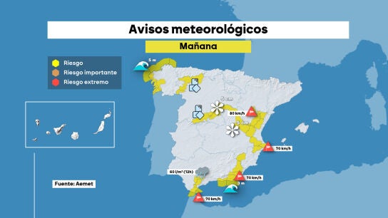 Mapa de avisos meteorol&oacute;gicos en Espa&ntilde;a este lunes.