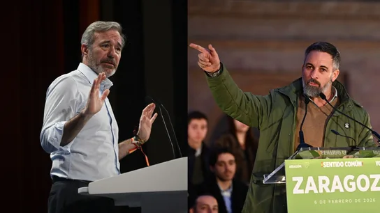 El líder del PP aragonés, Jorge Azcón, y el presidente de Vox, Santiago Abascal. El líder del PP aragonés, Jorge Azcón, y el presidente de Vox, Santiago Abascal.