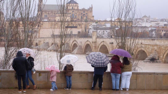 Varias personas observan el Guadalquivir a su paso por C&oacute;rdoba