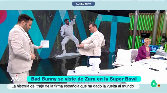 Iñaki López y José Luis Torá se visten con el Zara de Bad Bunny y se atreven con los "pasos prohibidos": "Miami me lo confirmó" En homenaje al Bad Bunny más reivindicativo que se vio en la Super Bowl, José Luis Torá e Iñaki López se ponen la americana del traje de Zara que lució el cantante durante un show que ha dado la vuelta al mundo.