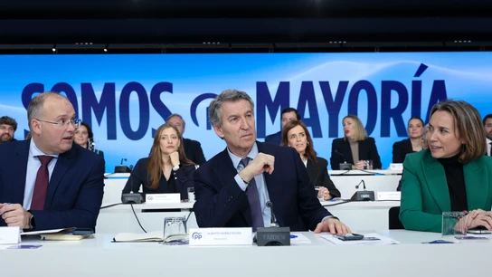 El líder del PP, Alberto Núñez-Feijóo (c), junto a Cuca Gamarra (d) y Miguel Tellado (i) durante la Junta Directiva Nacional del partido El líder del PP, Alberto Núñez-Feijóo (c), junto a Cuca Gamarra (d) y Miguel Tellado (i) durante la Junta Directiva Nacional del partido