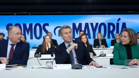 El líder del PP, Alberto Núñez-Feijóo (c), junto a Cuca Gamarra (d) y Miguel Tellado (i) durante la Junta Directiva Nacional del partido El líder del PP, Alberto Núñez-Feijóo (c), junto a Cuca Gamarra (d) y Miguel Tellado (i) durante la Junta Directiva Nacional del partido