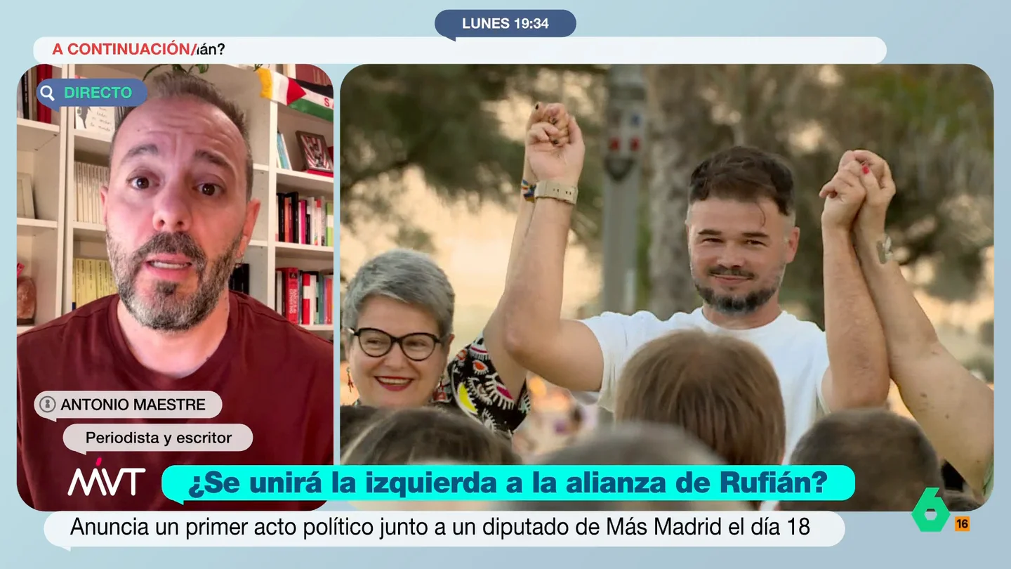 Antonio Maestre cree que la alianza de izquierdas de Rufián "tiene poco recorrido": "No sé qué propone" El periodista manifiesta que es muy escéptico sobre esta posible alianza de las fuerzas a la izquierda del PSOE. A pesar de ello, considera interesante que "se quieran mover cosas y que haya propuestas en un sentido de efectividad electoral".