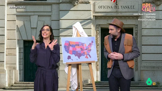 'Ayuso' anuncia que Madrid será el estado 51 de EEUU: "Tenemos montañas, como Nevada y vivienda inaccesible como Nueva York" Cristina Gallego se convierte en la 'presidenta madrileña' para contar que, como Madrid va a formar parte de EEUU, tendrán que adoptar sus costumbres. Así, anuncia que lo primero que hará será legalizar las armas para luchar contra las invasiones alienígenas.