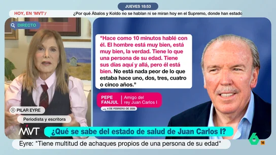Pilar Eyre, sobre las especulaciones en torno a la salud de Juan Carlos I: "Por favor, no lo matemos más" La periodista comenta las declaraciones del empresario Óscar Fanjul sobre la salud del emérito. "Siempre te dicen 'acabo de hablar con él hace 10 minutos'", señala, irónica, Eyre.