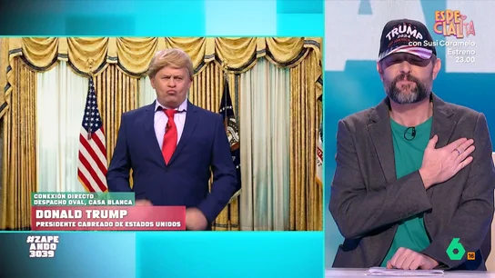 'Trump' conecta con Zapeando para aclarar quién se ha burlado de Melania Trump: "¿Ha sido la rubia de bote?" Miki Nadal se ha convertido en el presidente estadounidense después de que se emita un sketch en El Intermedio con su mujer como protagonista. No te pierdas esta divertida versión de Trump en el vídeo principal