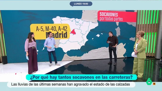 Joanna Ivars explica cómo las fuertes lluvias agravan los socavones de la carretera: "Abren huecos sin parar" La meteoróloga de laSexta señala que el agua se "cuela" en el interior del asfalto lo que erosiona el material.