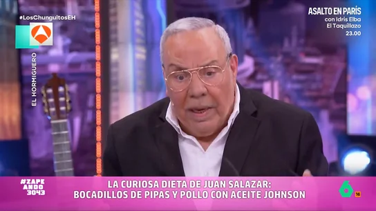 El vídeo de Juan de los Chunguitos desvelando que se hacía bocadillos de pipas y come pollo con aceite Johnson's Zapeando analiza algunos de los mejores momentos de la visita de Los Chunguitos a 'El Hormiguero', desde las gafas sin cristal de Juan Salazar, hasta sus aficiones gastronómicas por las pipas y el aceite Johnson's.