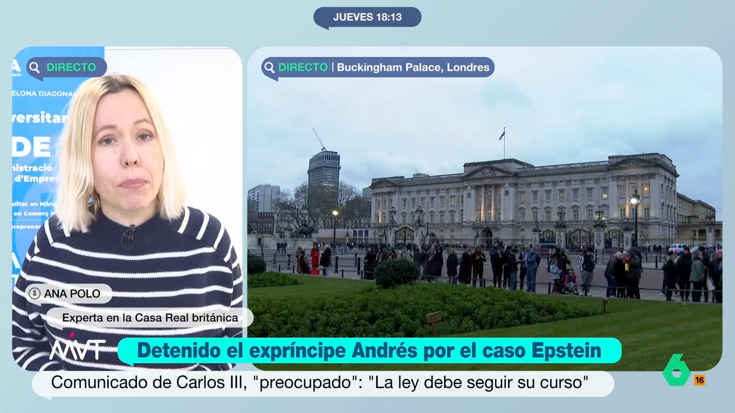 Ana Polo expone que "cuesta creer" que a la Casa Real Británica le haya pillado "de sopetón" la detención del expríncipe Andrés La periodista experta en Casa Real Británica indica que este miércoles se rumoreaba que la Interpol había iniciado una investigación, a nivel global, sobre la trama. "Todos nos imaginábamos por dónde irían los tiros", señala.