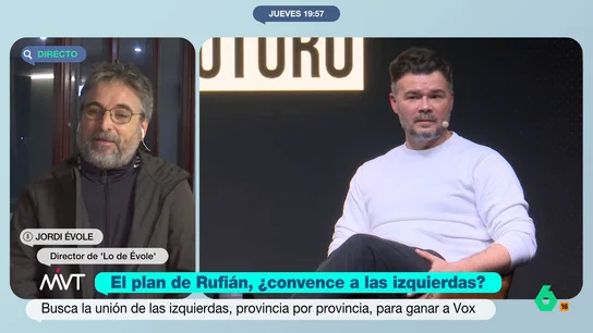 Jordi Évole, tras el acto entre Gabriel Rufián y Emilio Delgado: "Veo muy difícil que esto cuaje" El periodista considera positiva cualquier propuesta de izquierdas que pueda ilusionar o movilizar el voto. Además, señala que es necesario ser "más radical". "Ya no valen las medias tintas", afirma.