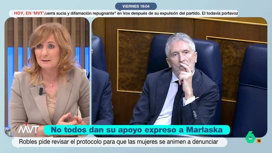 Mayte Alcaraz, sobre Margarita Robles: "Me consta que no le ha gustado que Marlaska haya depositado la carga en la víctima" La ministra se ha pronunciado frente a la prensa sobre la denuncia por agresión sexual contra José Ángel González, exDAO de la Policía Nacional. Robles ha pedido "protocolos ágiles" y ha señalado que las Administraciones Públicas deberían reflexionar.