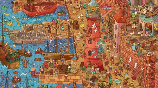 Detalle de 'La Ciudad de la Carpa Bailarina' de Aleksandra Mizielinska y Daniel Mizielinski Detalle de 'La Ciudad de la Carpa Bailarina' de Aleksandra Mizielinska y Daniel Mizielinski