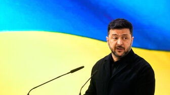 El presidente de Ucrania, Volod&iacute;mir Zelenski, durante una comparecencia