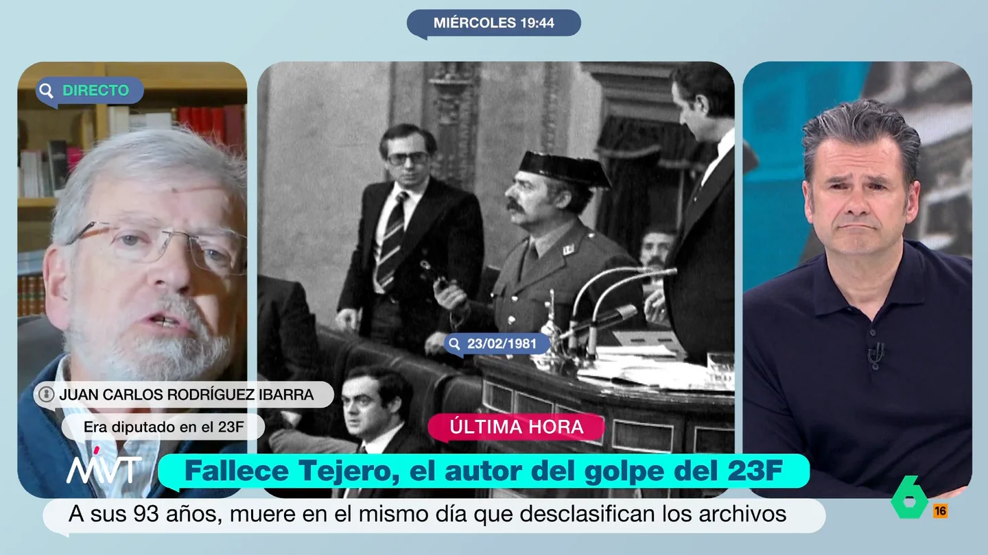 Rodríguez Ibarra recuerda el "mal carácter" y la "falta de respeto a la soberanía popular" de Antonio Tejero el 23F Juan Carlos Rodríguez Ibarra estuvo en el Congreso el día del 23F. En este vídeo, afirma que no tiene "ningún recuerdo bueno" de Tejero y defiende el papel del rey Juan Carlos a la hora de detener el golpe: "Estoy vivo gracias a él".