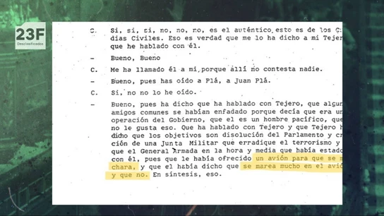 Armada ofreció a Tejero un avión para abandonar el Congreso ante la previsión de fracaso del golpe y este lo rechazó: "Dijo que se marea mucho" Armada ofreció a Tejero un avión para abandonar el Congreso ante la previsión de fracaso del golpe y este lo rechazó: "Dijo que se marea mucho"