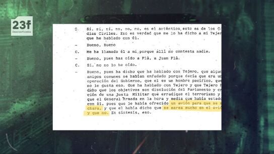 Armada ofreci&oacute; a Tejero un avi&oacute;n para abandonar el Congreso ante la previsi&oacute;n de fracaso del golpe y este lo rechaz&oacute;: "Dijo que se marea mucho"