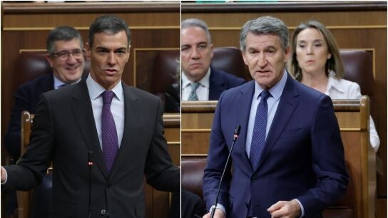 El presidente del Gobierno, Pedro S&aacute;nchez, y el l&iacute;der del PP, Alberto N&uacute;&ntilde;ez Feij&oacute;o, en el Congreso de los Diputados