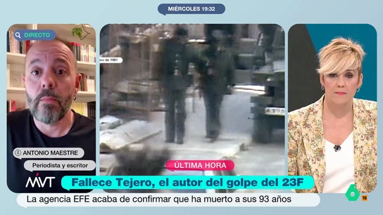 Antonio Maestre define el fallecimiento del exgolpista Antonio Tejero como "una curiosa serendipia" Tras el fallecimiento el guardia civil, el periodista conecta con Más Vale Tarde para hablar sobre el fallecimiento y, además, valorar los documentos del 23F que ya se pueden consultar en la página web de La Moncloa.