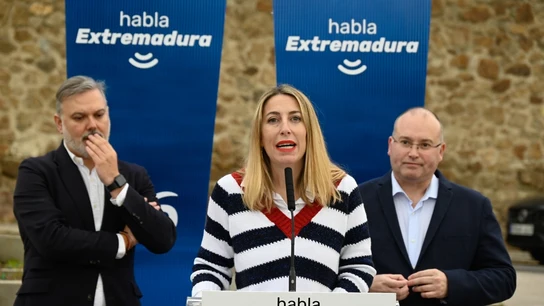 La presidenta del PP de Extremadura, María Guardiola, flanqueada por Fernando Pizarro y Miguel Tellado La presidenta del PP de Extremadura, María Guardiola, flanqueada por Fernando Pizarro y Miguel Tellado