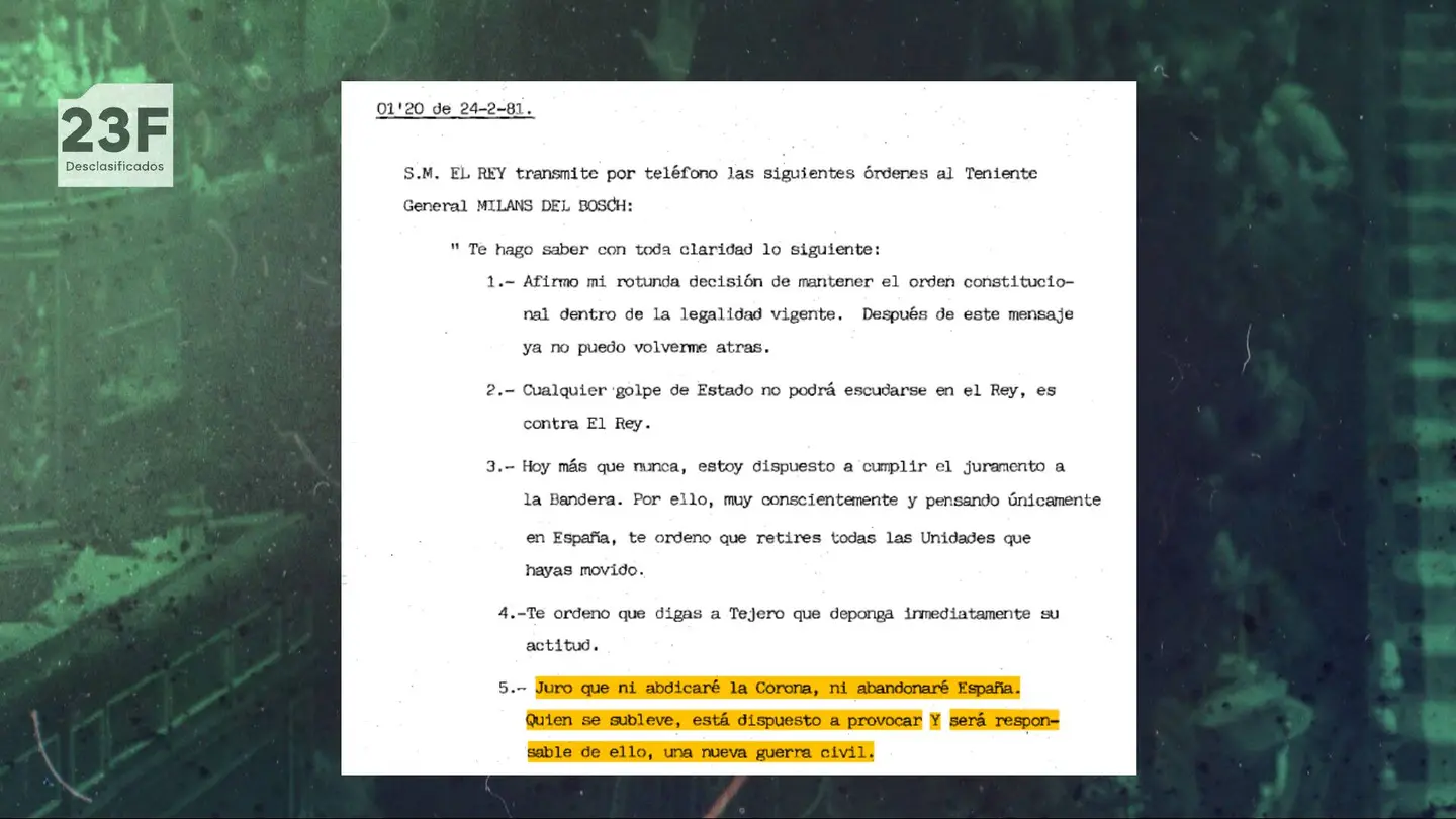 Juan Carlos I, a Milans del Bosch: "Juro que ni abdicaré ni abandonaré España. Quien se subleve, está dispuesto a provocar una nueva guerra civil" Juan Carlos I, a Milans del Bosch: "Juro que ni abdicaré ni abandonaré España. Quien se subleve, está dispuesto a provocar una nueva guerra civil"