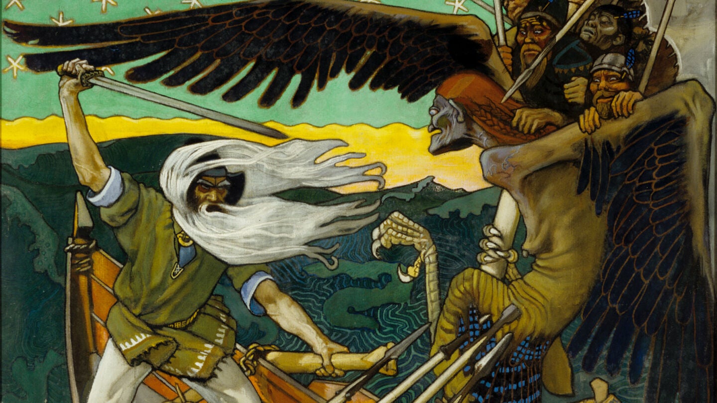 V&auml;in&auml;m&ouml;inen defiende a Sampo de Louhi en 'La defensa de Sampo' (1896)