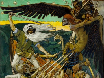 V&auml;in&auml;m&ouml;inen defiende a Sampo de Louhi en 'La defensa de Sampo' (1896)