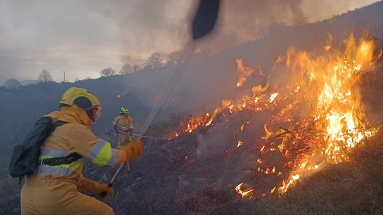 Bomberos forestales intentan apagar las llamas de uno de los incendios provocados en Cantabria Bomberos forestales intentan apagar las llamas de uno de los incendios provocados en Cantabria