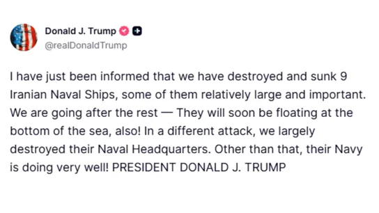 Donald Trump asegura que han hundido "nueve buques de guerra iraníes". Donald Trump asegura que han hundido "nueve buques de guerra iraníes".