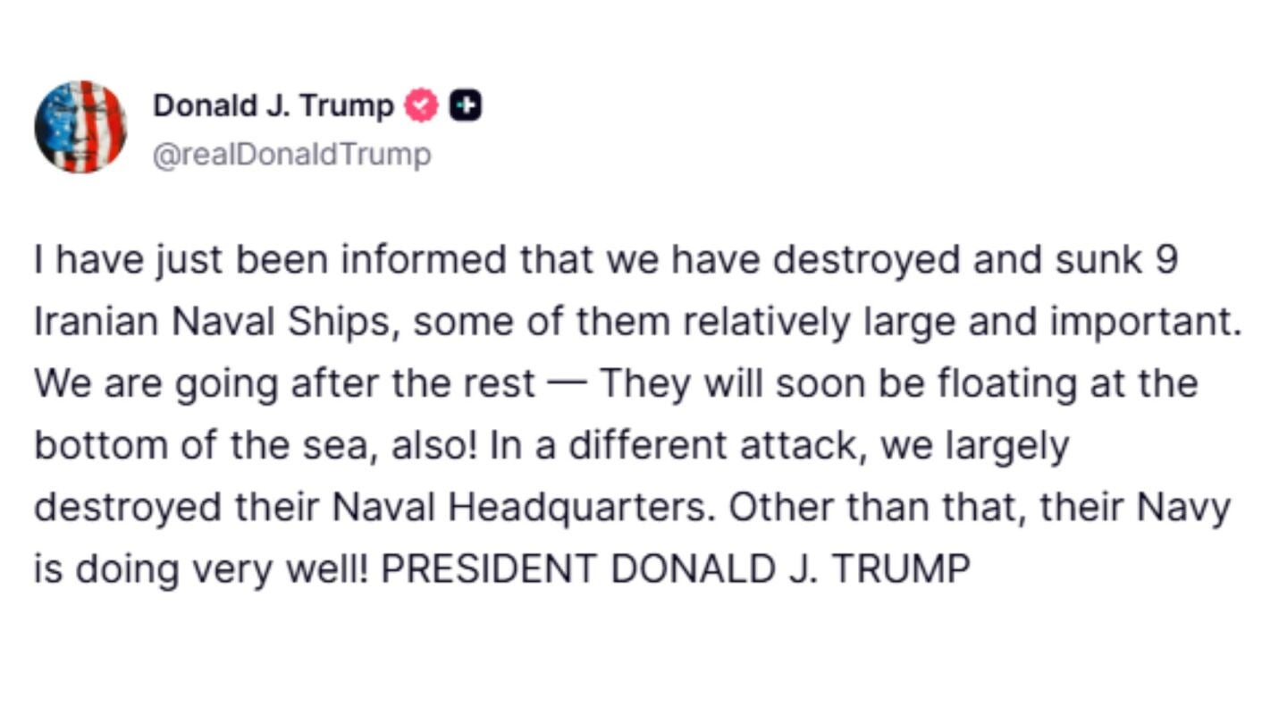 Donald Trump asegura que han hundido "nueve buques de guerra iraníes".