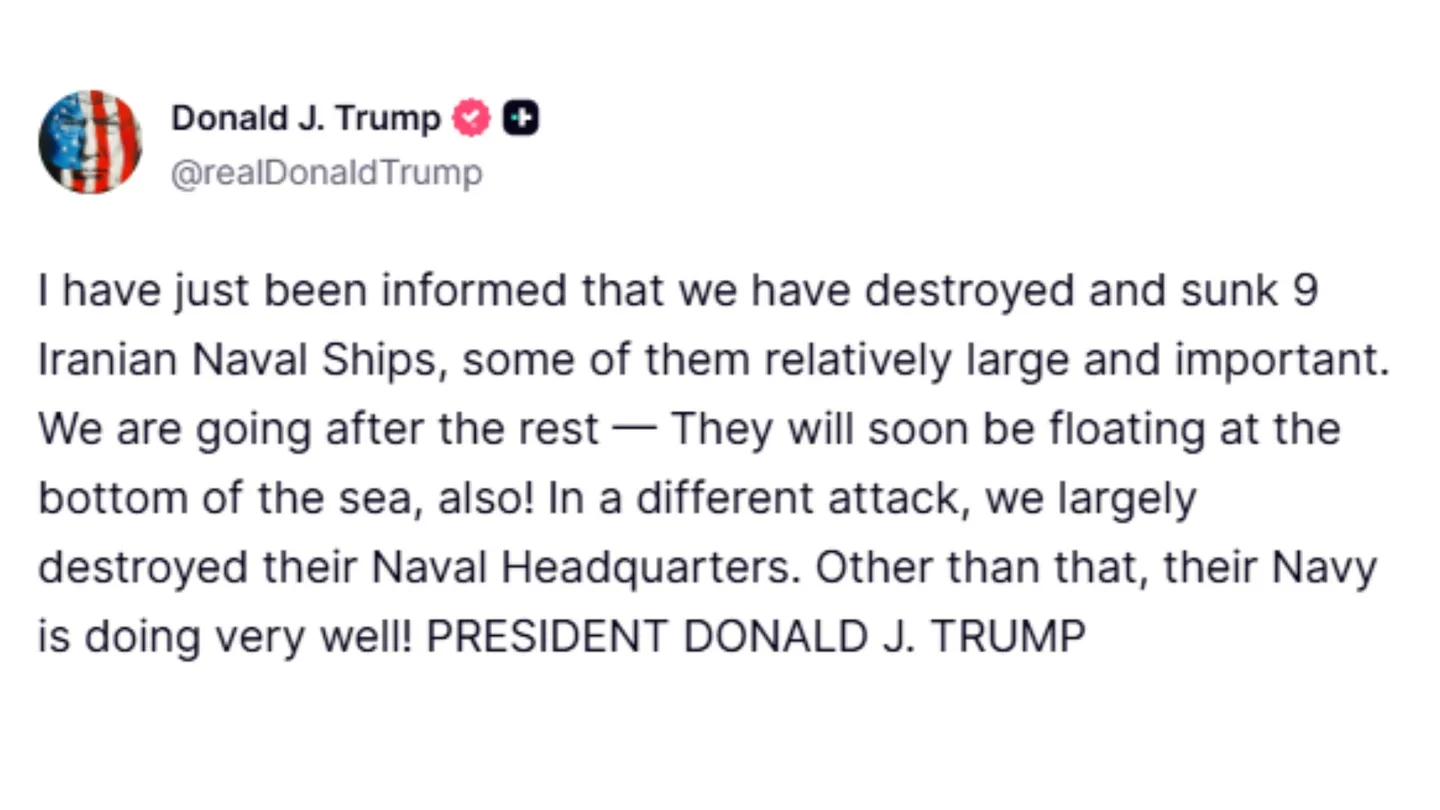 Donald Trump asegura que han hundido "nueve buques de guerra iraníes". Donald Trump asegura que han hundido "nueve buques de guerra iraníes".