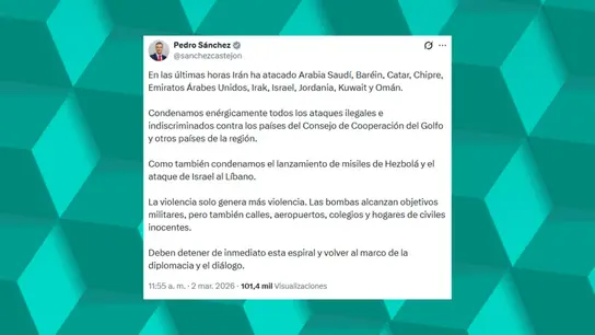 Tuit de Pedro Sánchez sobre la situación en Oriente Medio Tuit de Pedro Sánchez sobre la situación en Oriente Medio
