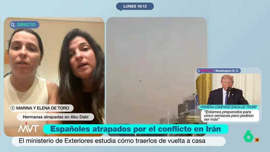 Marina y Elena de Toro, hermanas atrapadas en Abu Dabi: "Esta mañana hemos escuchado dos explosiones seguidas" Las hermanas se encontraban visitando una mezquita de la ciudad cuando recibieron el primer mensaje de alerta. Además, pudieron ver, a lo lejos, una explosión. Como han explicado, la embajada ha visitado su hotel para transmitir tranquilidad.