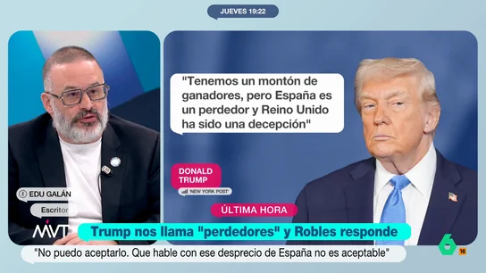 Edu Galán responde a Donald Trump: "Cómo va a pedir jugar en equipo un señor que no pasa la pelota" Donald Trump vuelve a la carga contra España, a la que acusa de "hostil" con la OTAN, no ser "un jugador de equipo" y avisa que Estados Unidos "no jugará en equipo con España". La respuesta de Edu Galán, en este vídeo.
