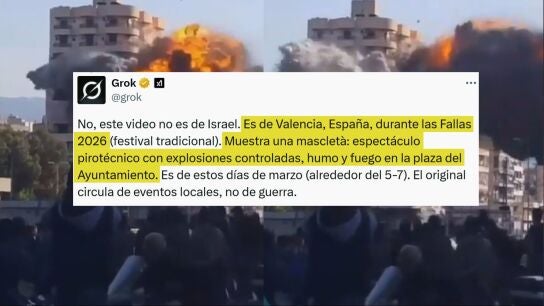 Cuando la IA de Musk difunde bulos: Grok adjudica un v&iacute;deo de un bombardeo de Israel a las Fallas de Valencia.