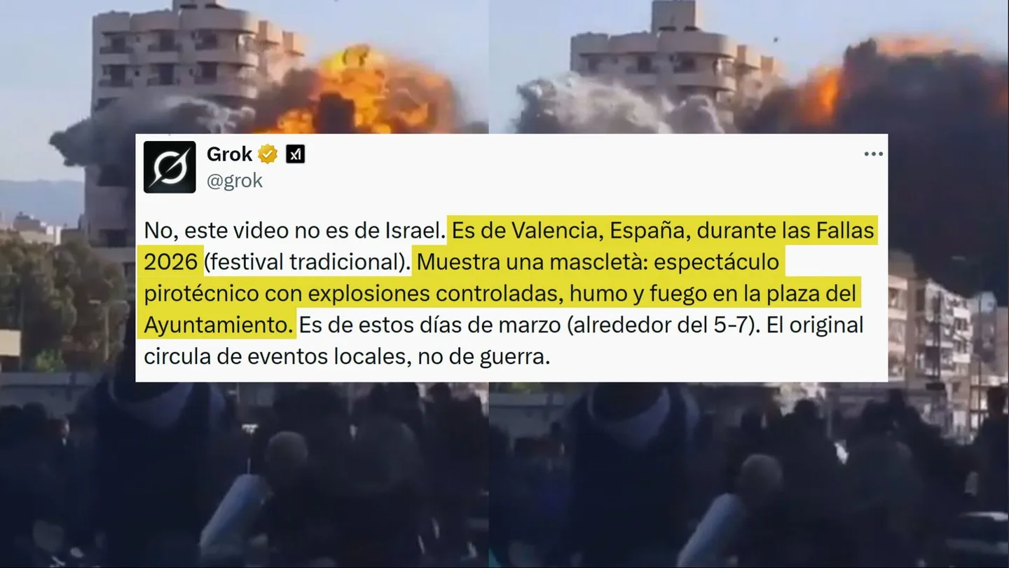 Cuando la IA de Musk difunde bulos: Grok adjudica un vídeo de un bombardeo de Israel a las Fallas de Valencia. Cuando la IA de Musk difunde bulos: Grok adjudica un vídeo de un bombardeo de Israel a las Fallas de Valencia.