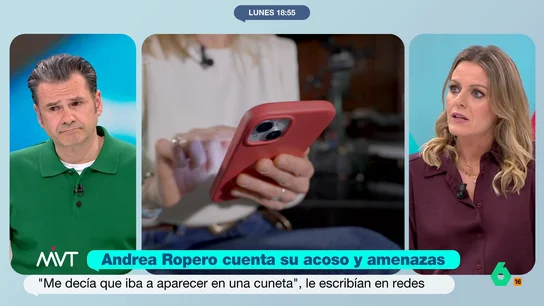 Andrea Ropero pide responsabilidad a las redes ante el acoso: "Censuran una teta, pero no detectan un 'te voy a matar'" La reportera de El Intermedio fue víctima del acoso y las amenazas de un hombre a través de redes sociales. Después de denunciarlo ante la Policía, el usuario fue detenido y condenado.
