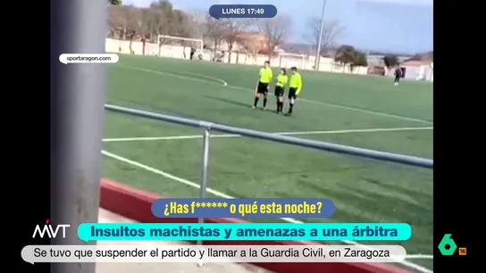 Una árbitra se ve obligada a suspender un partido de fútbol por insultos machistas En Cariñena, Zaragoza, una árbitra se veía obligada a suspender un partido de fútbol por los insultos machistas y vejaciones por parte del público que estaba recibiendo, así como amenazas de muerte que llevaron a que se personara la Guardia Civil.